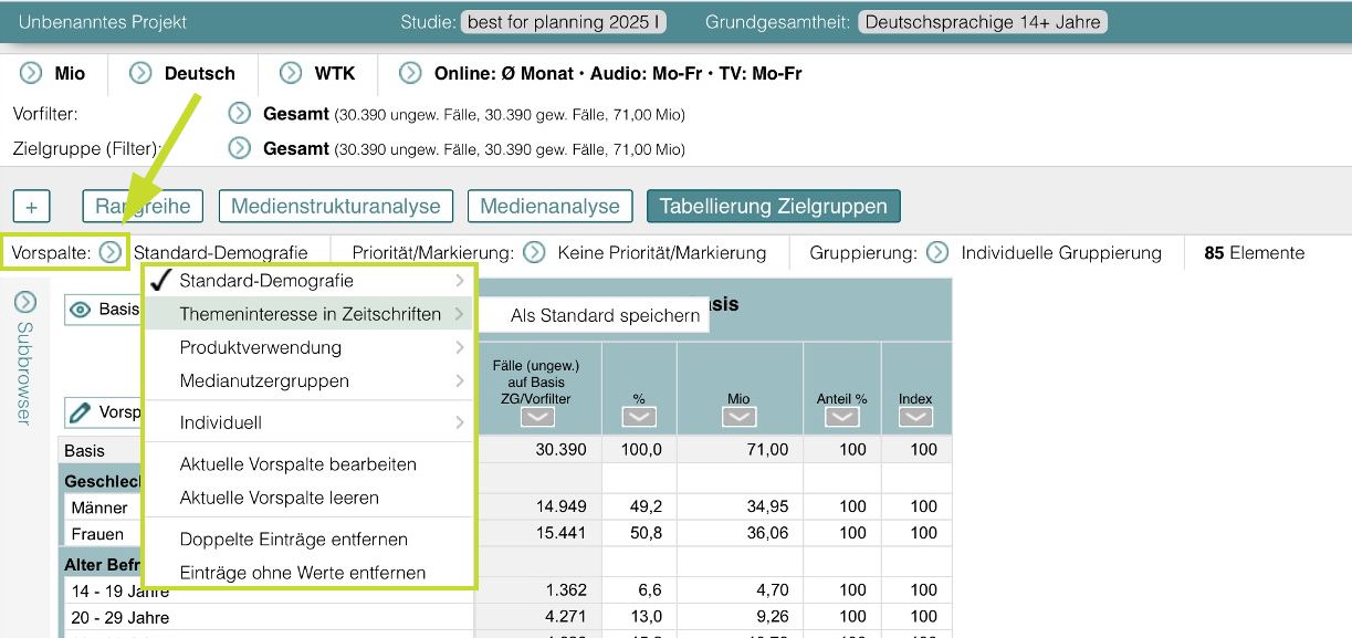 Kontextmenü Vorspalte