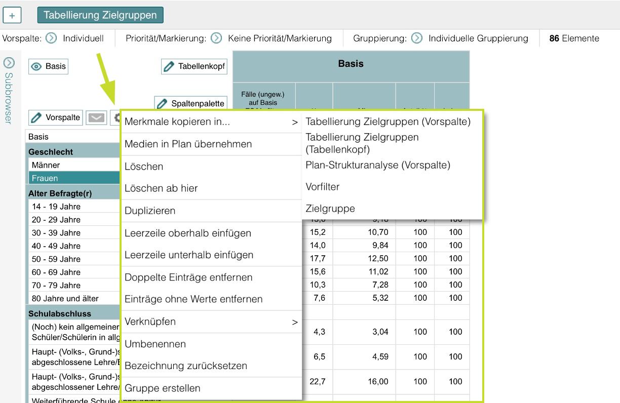 Elemente in Vorspalten bearbeiten