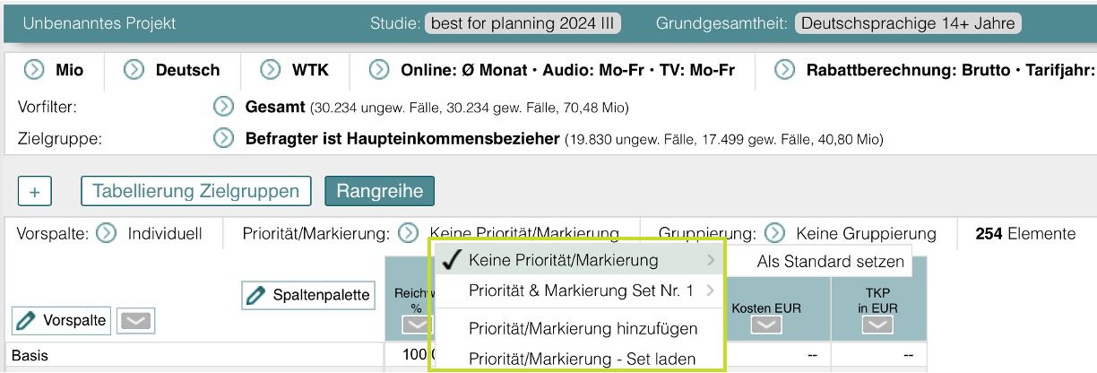 Priorität-Markierung Menüfenster