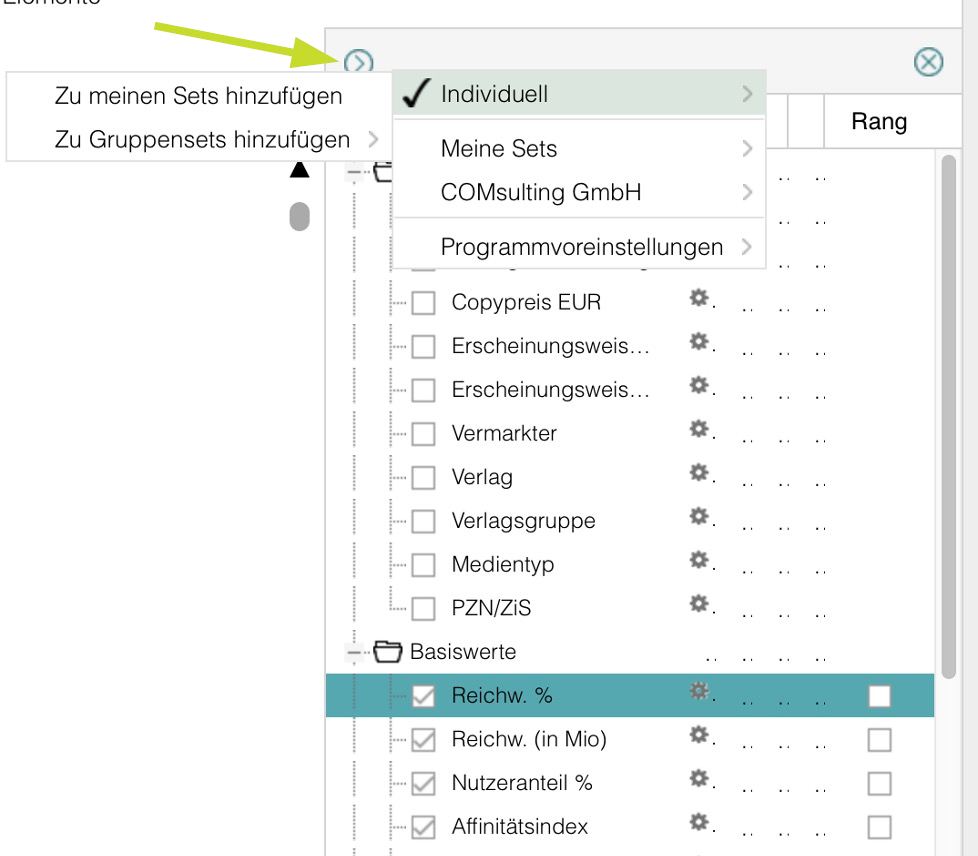 Spaltenpalette Set speichern
