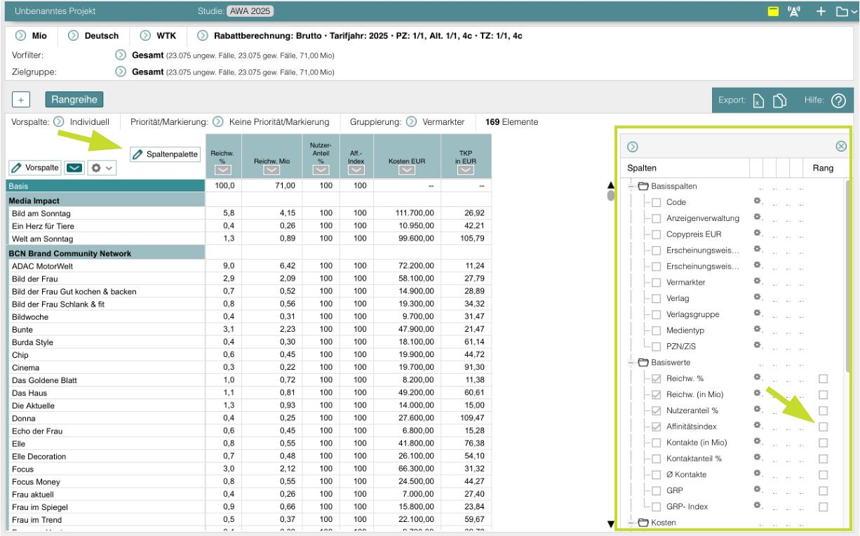 tabellarische Ansicht anpassen - Spaltenpalette