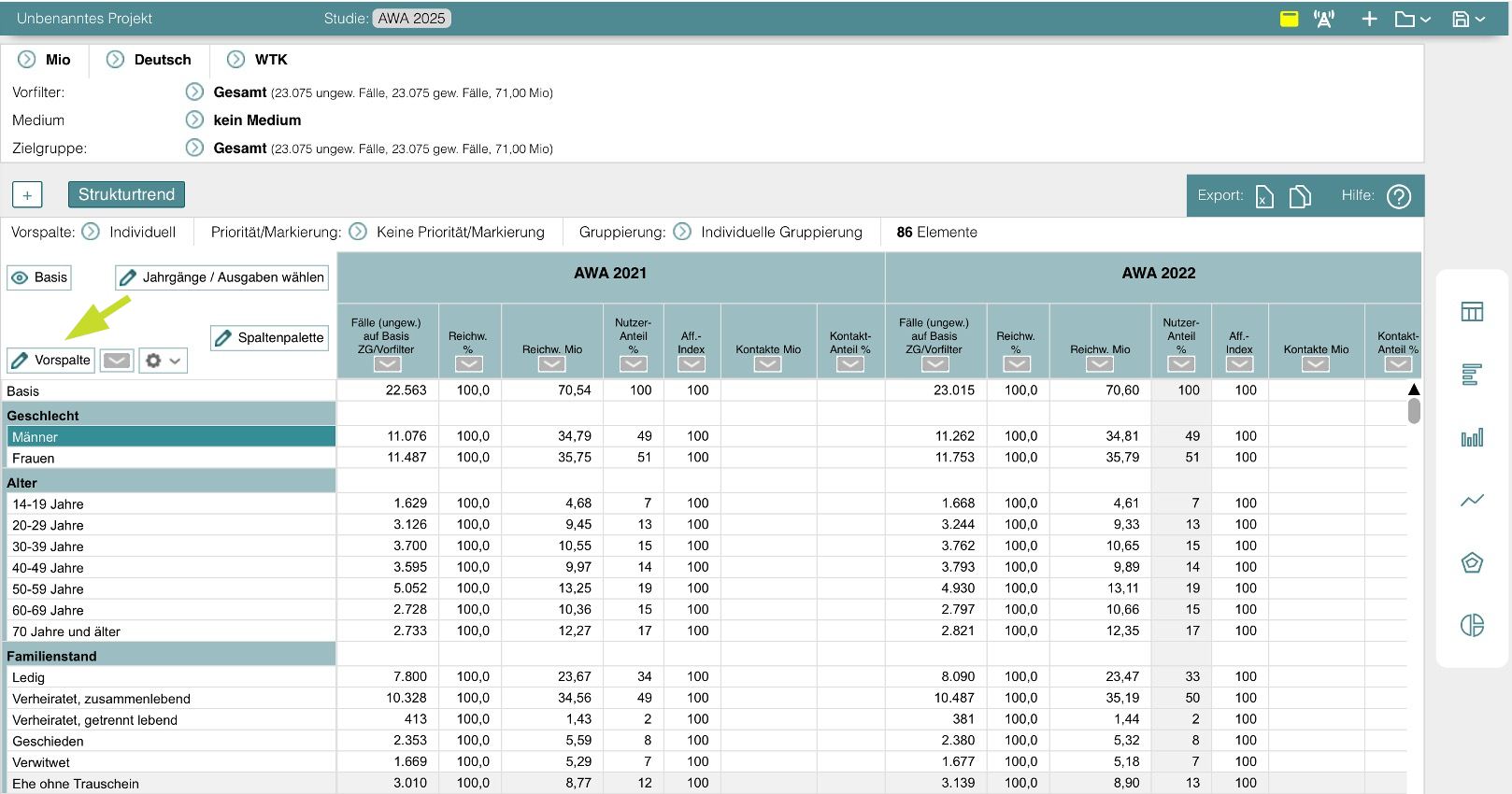 Strukturtrend Vorspalte anpassen