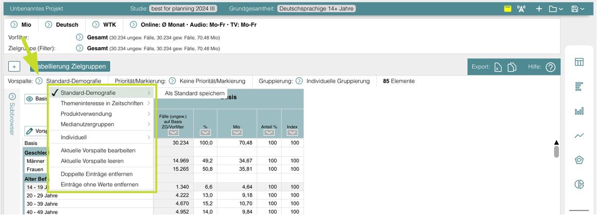Tabellarische Ansicht anpassen – Vorspalten bearbeiten