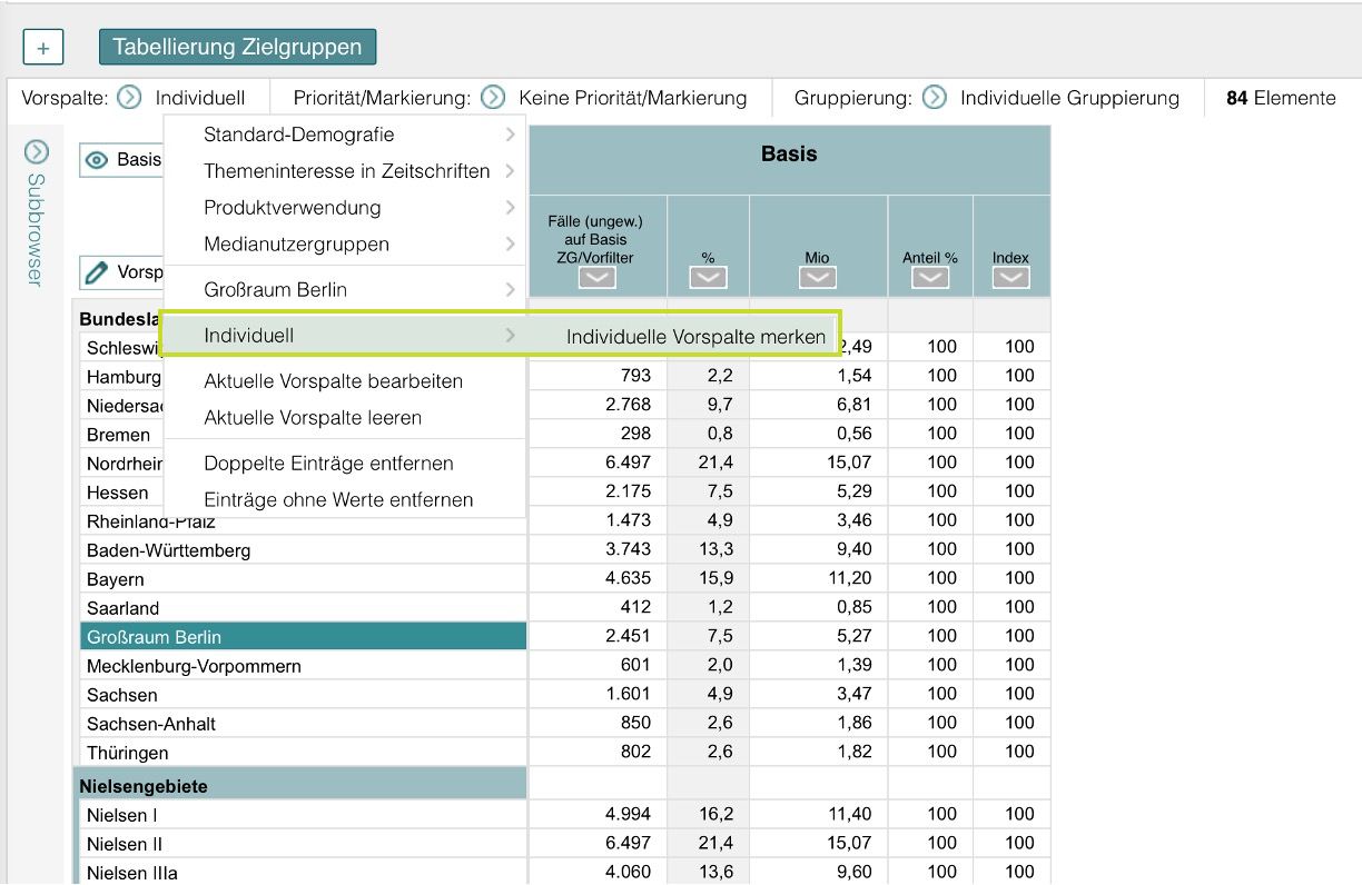 Tabellarische Ansicht anpassen – individuelle Vorspalte speichern