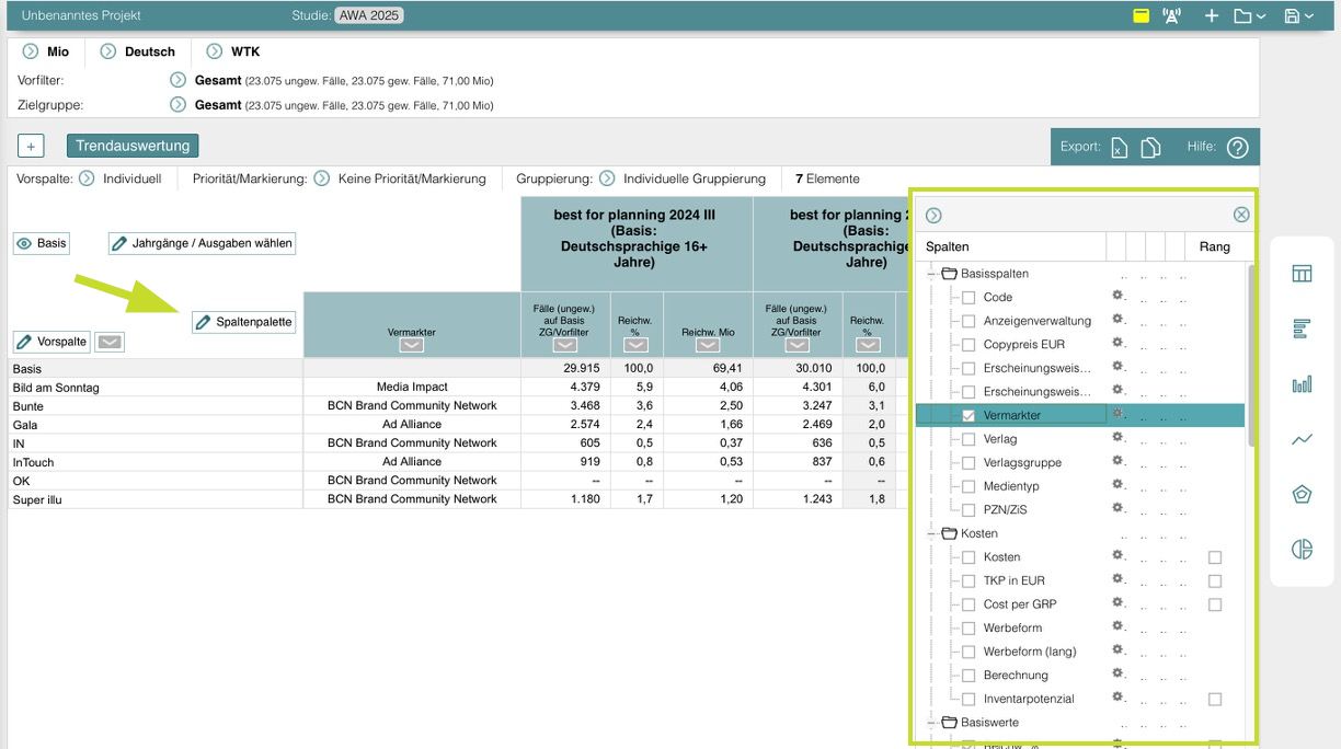 Trendauswertung anpassen – Spaltenwerte anpassen