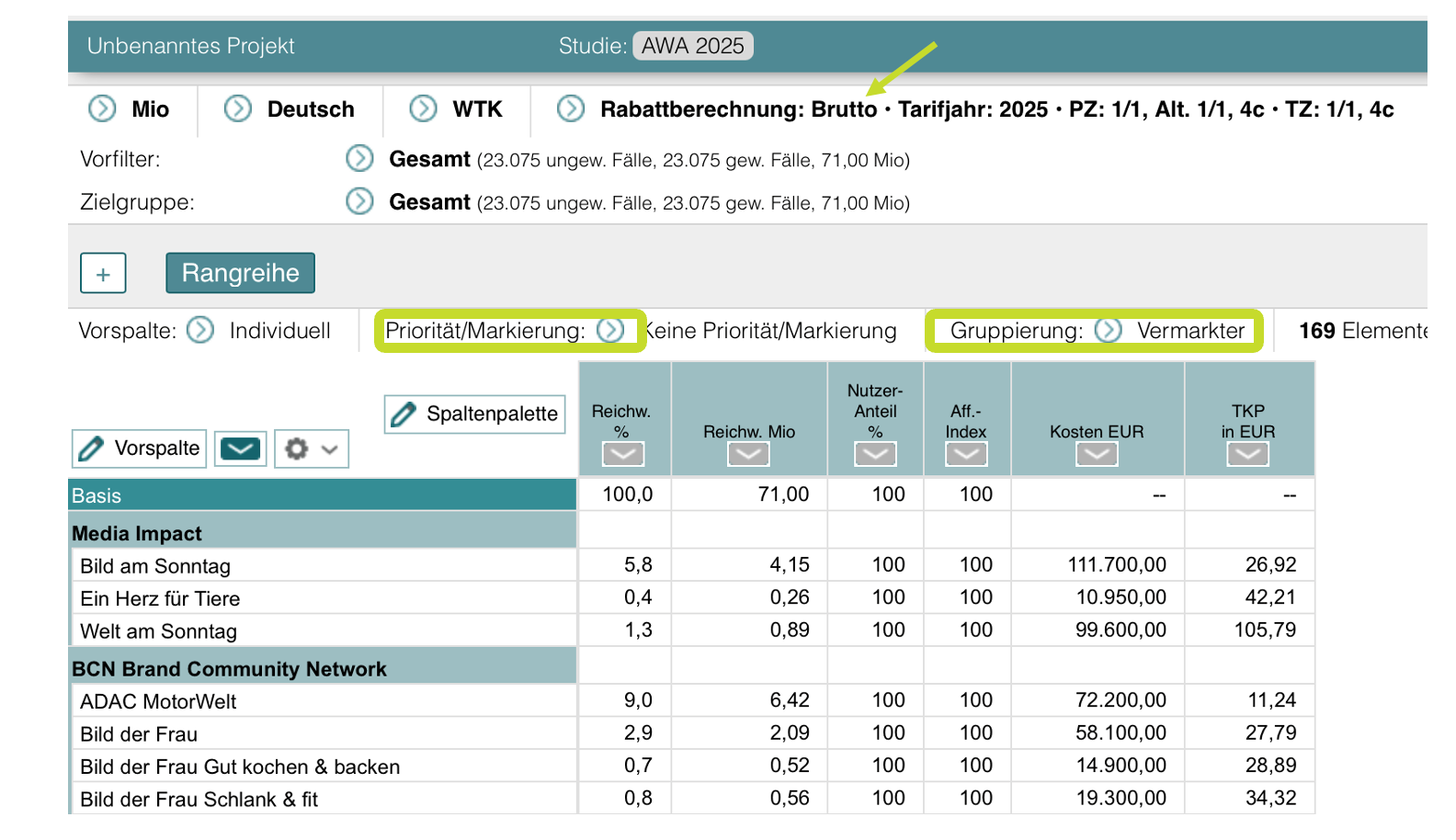 Studienspezifische weitere Einstellungsmöglichkeiten