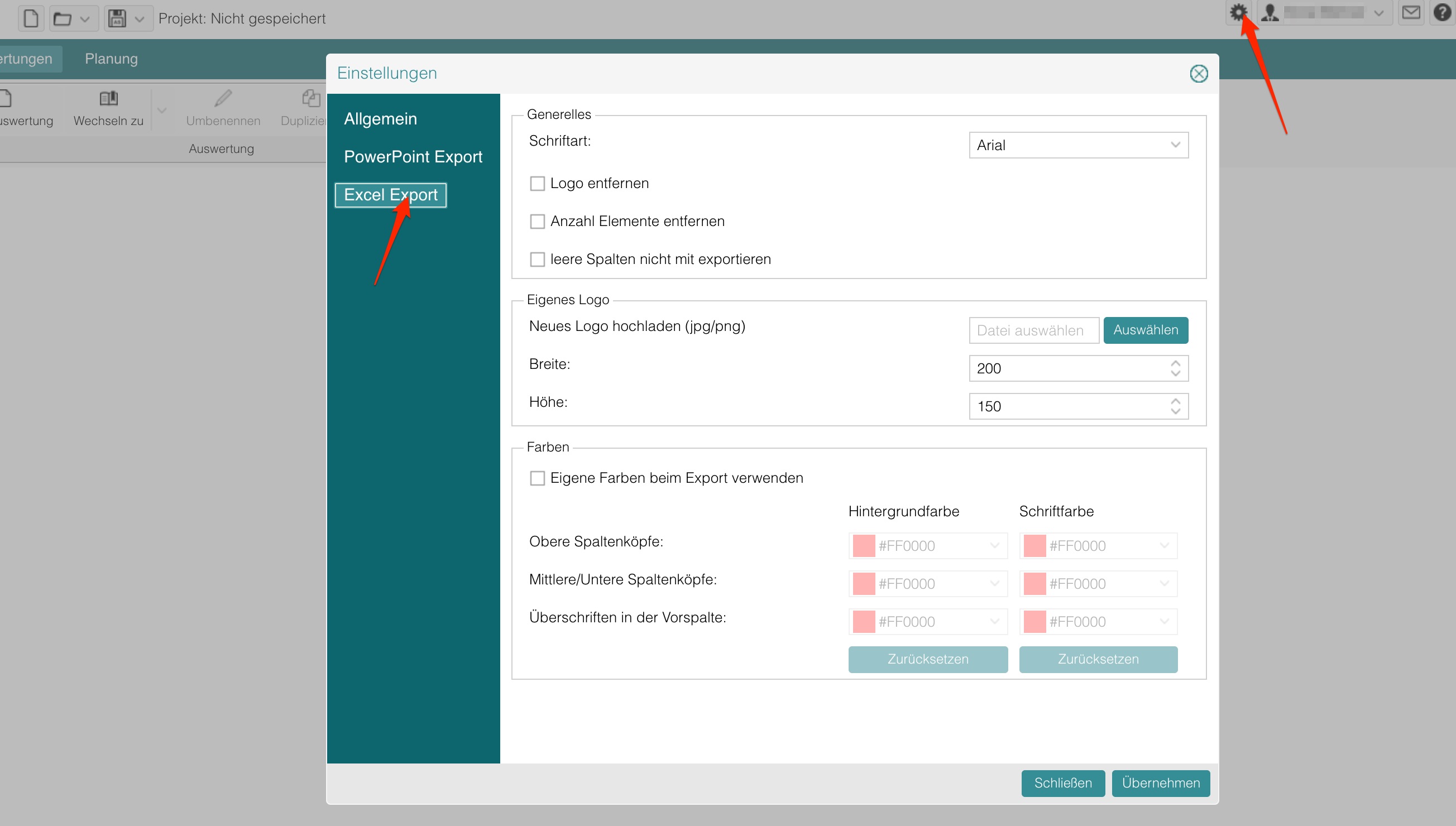 Excel-Exporte konfigurieren
