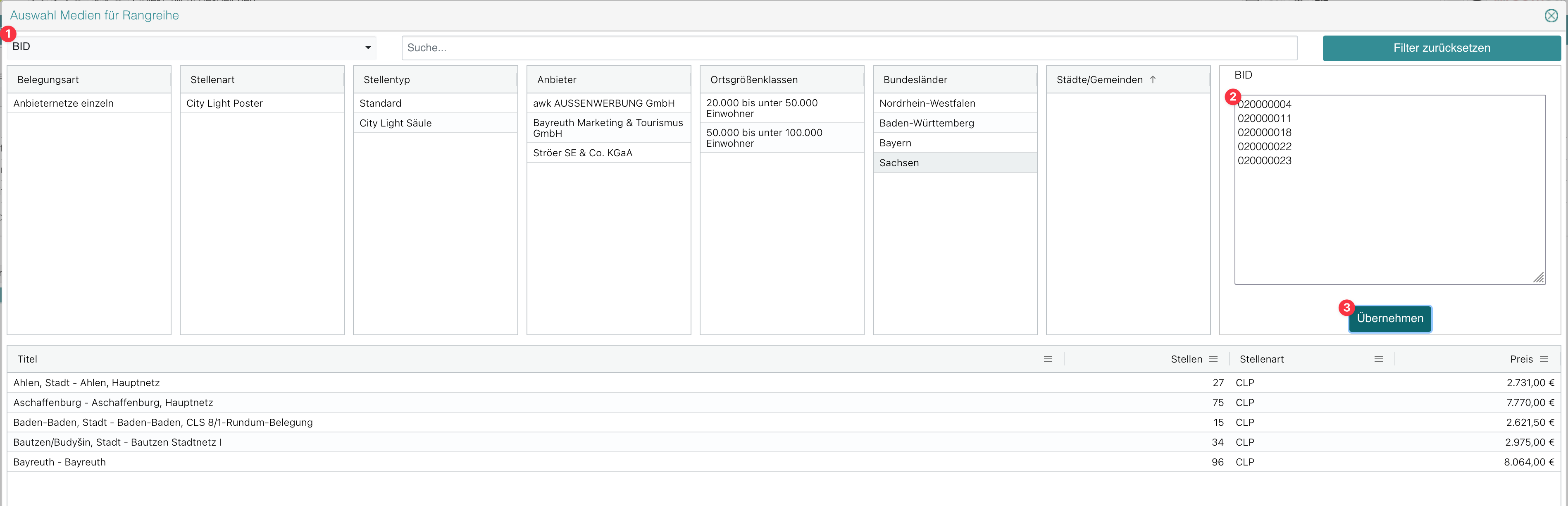 Medienselektion: BID-Filter