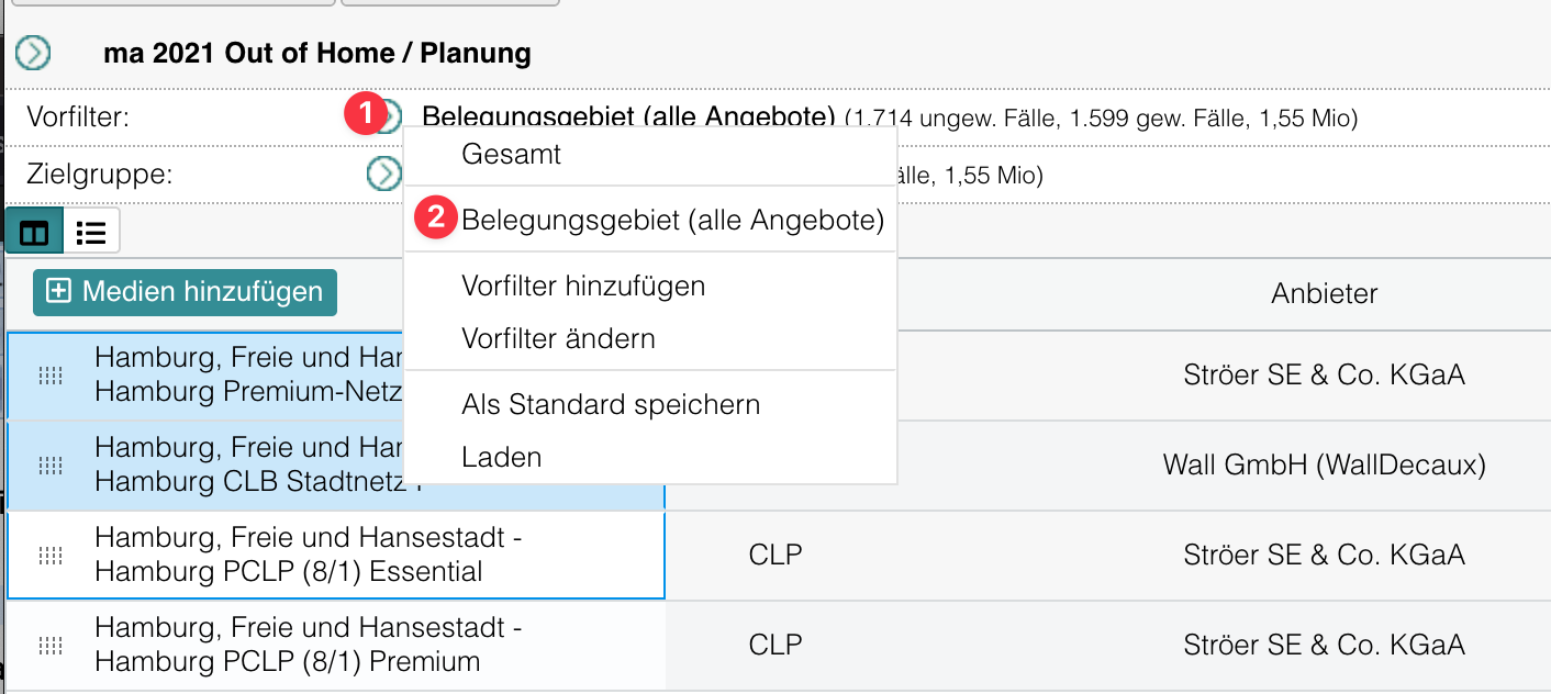 Belegungsgebiet als Vorfilter übernehmen