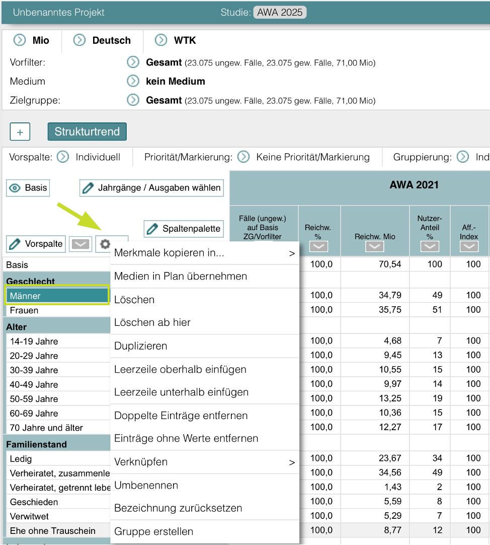 Strukturtrend Vorspalte selektieren