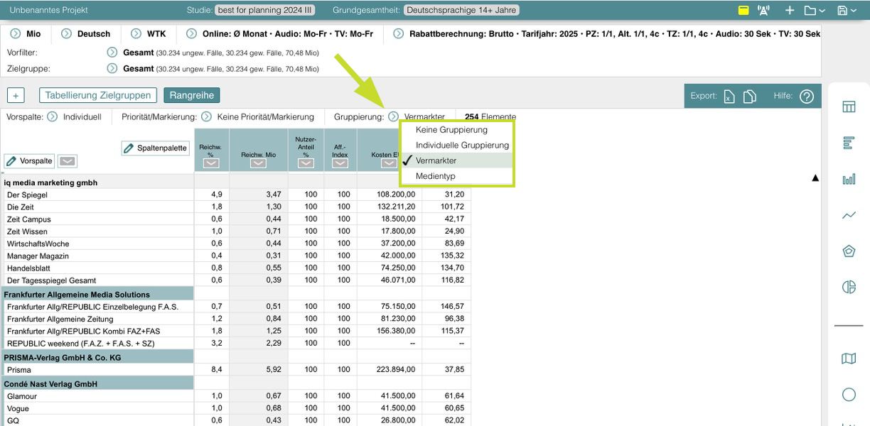 tabellarische Ansicht – automatisches Gruppieren