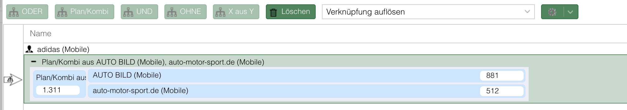 Ausgeklappte Bestandteile einer Verknüpfung